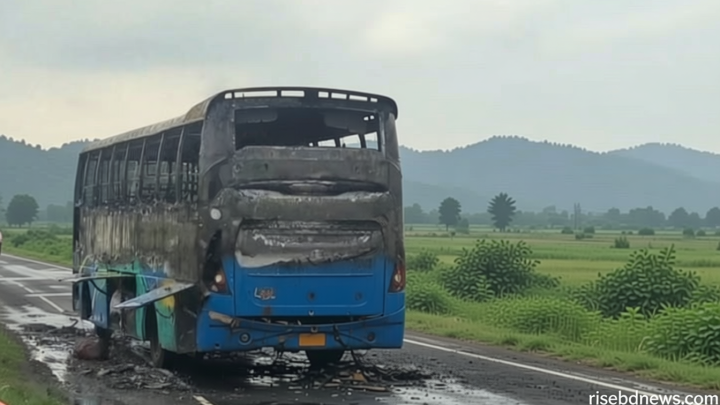 মানিকগঞ্জে লরির সঙ্গে সংঘর্ষে যাত্রীবাহী বাসে আগুন